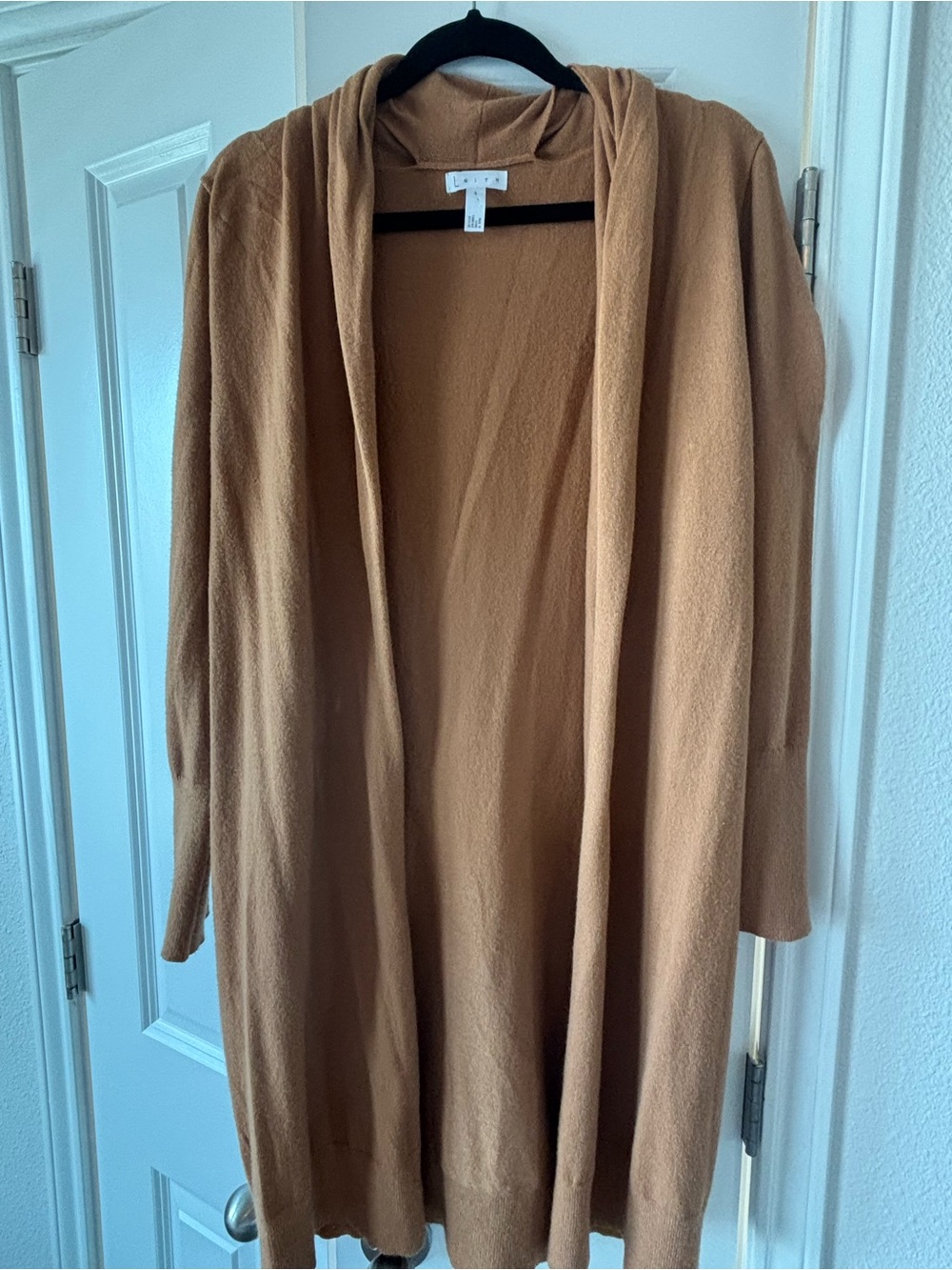 Leith Camel Hooded Open-Front Cardigan Sweater
